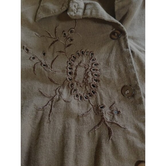 AKC Womens XL Top Capri Pants Suit Set Linen Blend Embroidered Cut Work Brown - Picture 12 of 13